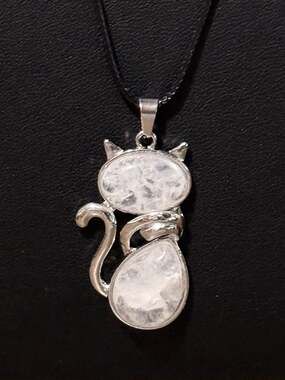 Clear Quartz Crystal Cat Pendant Black Cord Necklace